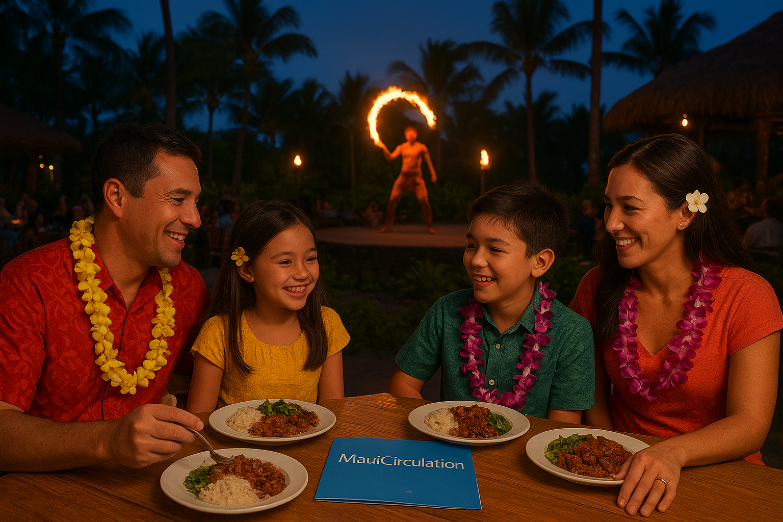 Luau Maui CIrculation brochure Hawaii Luau  with Hawaii visitor publication on the table